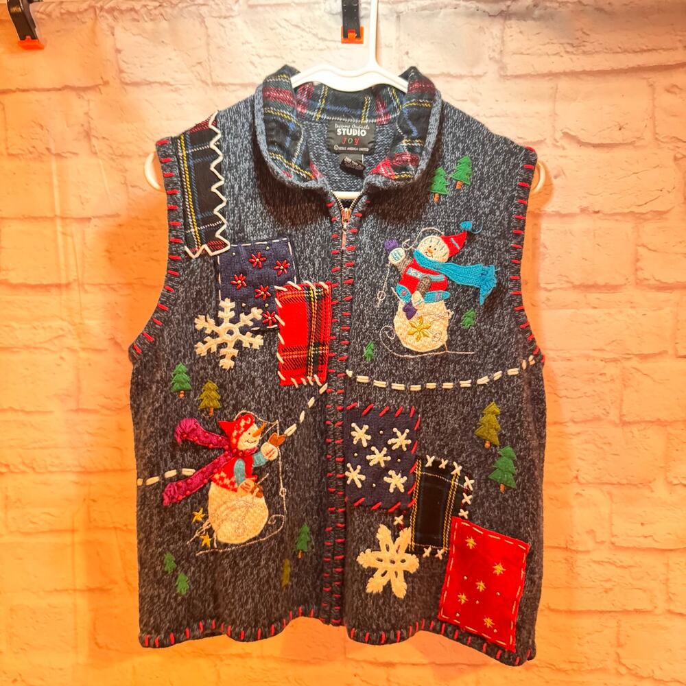 Designers Original Studio Joy blue zip up Christmas Vest Embroidered snowmen L